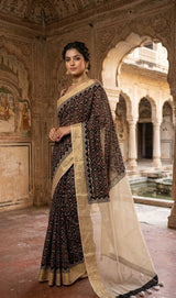 DIVA Black Chanderi Cotton Saree | Ajrakh Block Print with Gold Zari Pallu