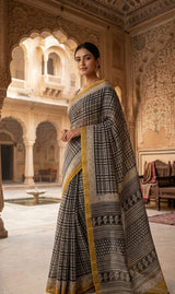 DIVA Charcoal Grey Chanderi Cotton Saree | Check Block Print with Mustard Zari Border