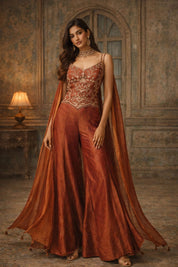 Rust Pink Satin Embroidered Indo-western with Dupatta – Festive Wedding Wear | DIVA