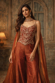 Rust Pink Satin Embroidered Indo-western with Dupatta – Festive Wedding Wear | DIVA