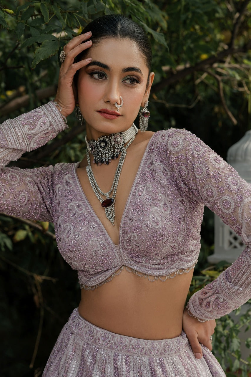 Lavender Intricately Embroidered Georgette Lehenga Set