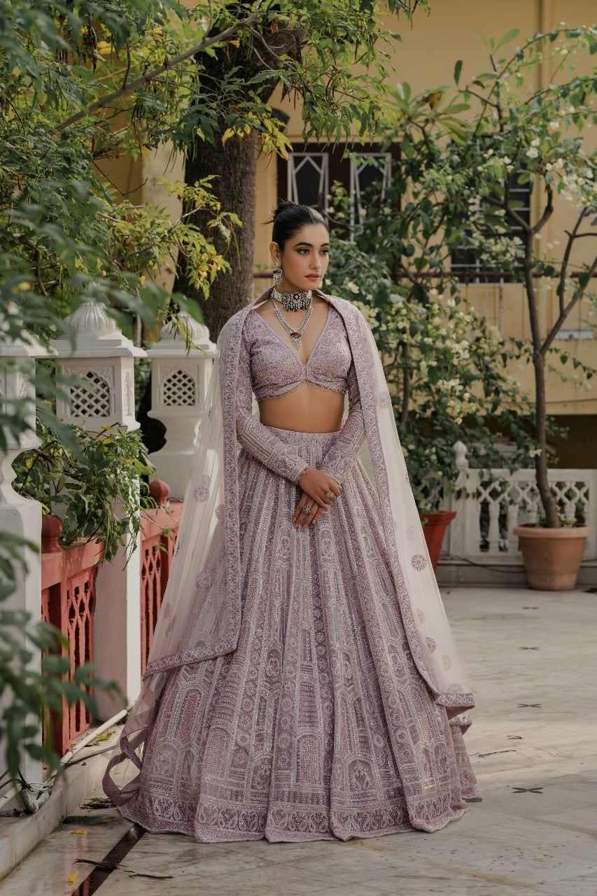 Lavender Intricately Embroidered Georgette Lehenga Set