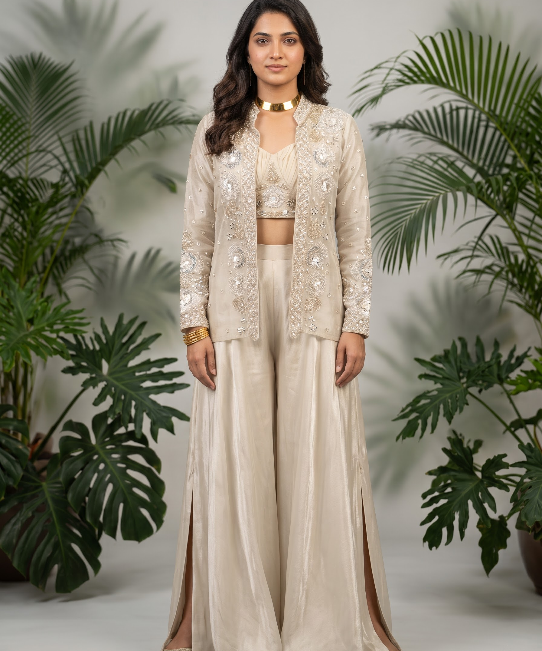Ivory Hand-Embellished Organza Jacket Co-ord Set
