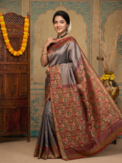 Kanchipuram Silk Saree with Woven Zari Border – Grey & Maroon