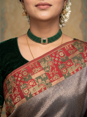 Kanchipuram Silk Saree with Woven Zari Border – Grey & Maroon