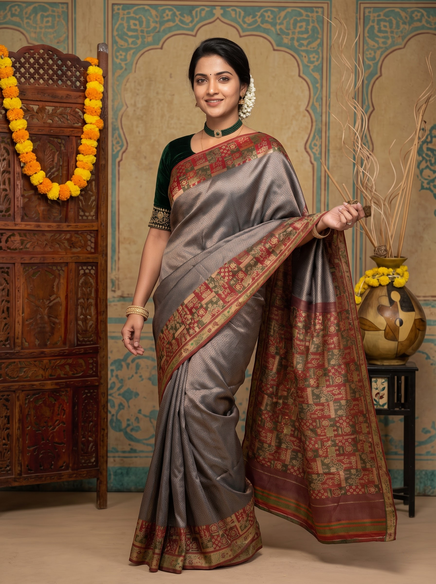 Kanchipuram Silk Saree with Woven Zari Border – Grey & Maroon