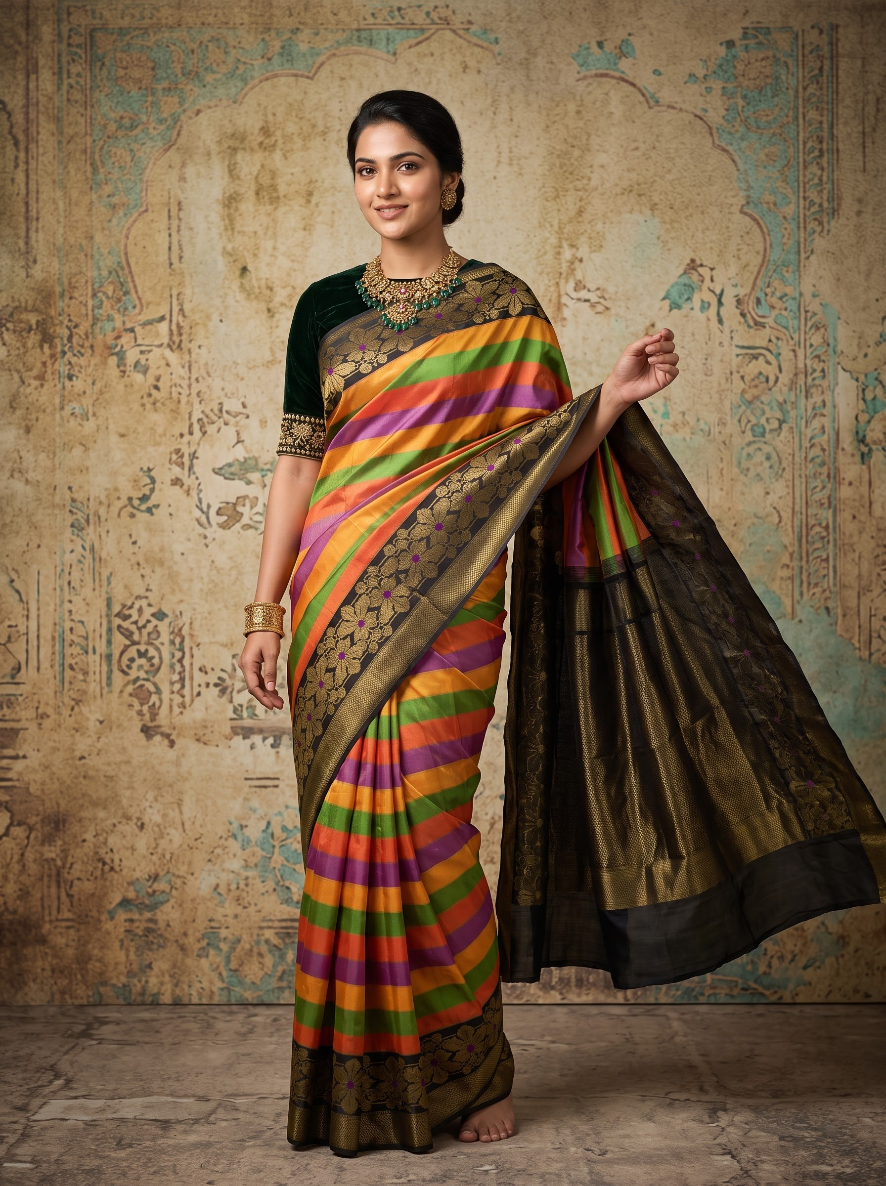 Kanchipuram Silk Saree with Multicolor Stripes & Zari Border