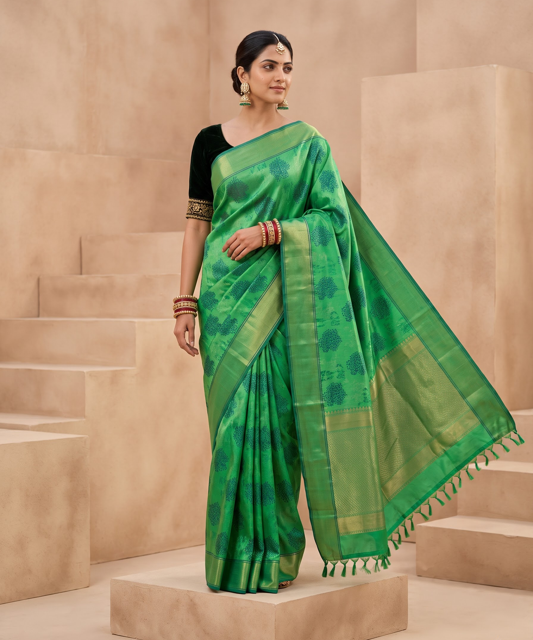 A woman models a green silk saree with a black sleeve and gold zari borders, standing on a beige stone platform against a matching beige background.