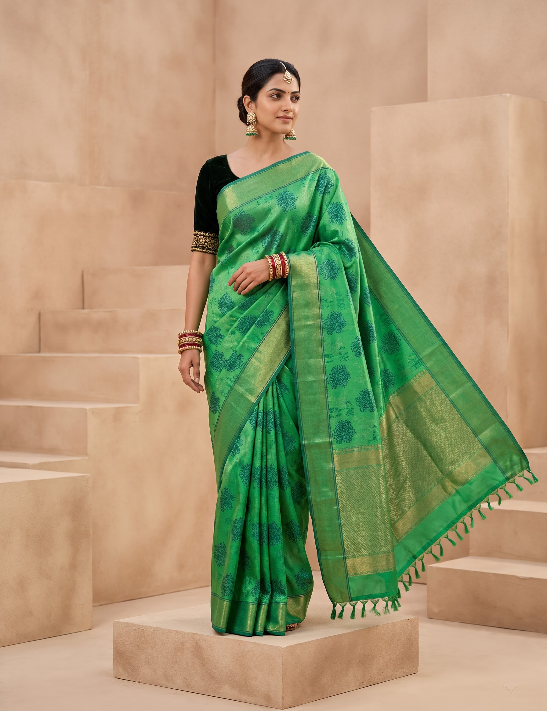 A woman models a green silk saree with a black sleeve and gold zari borders, standing on a beige stone platform against a matching beige background.