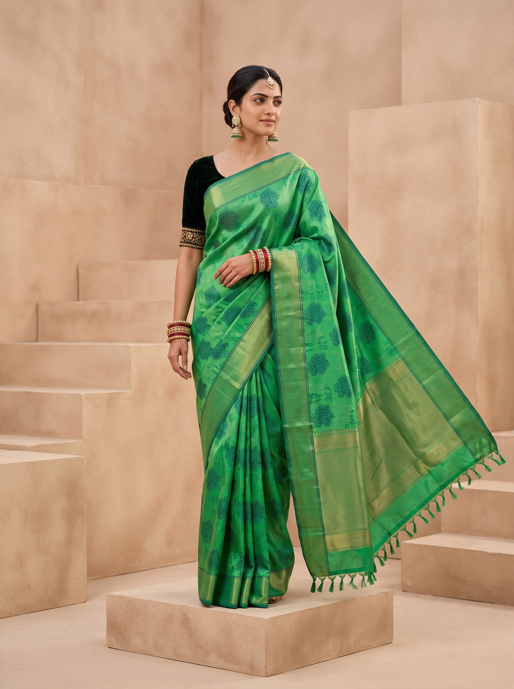 A woman models a green silk saree with a black sleeve and gold zari borders, standing on a beige stone platform against a matching beige background.
