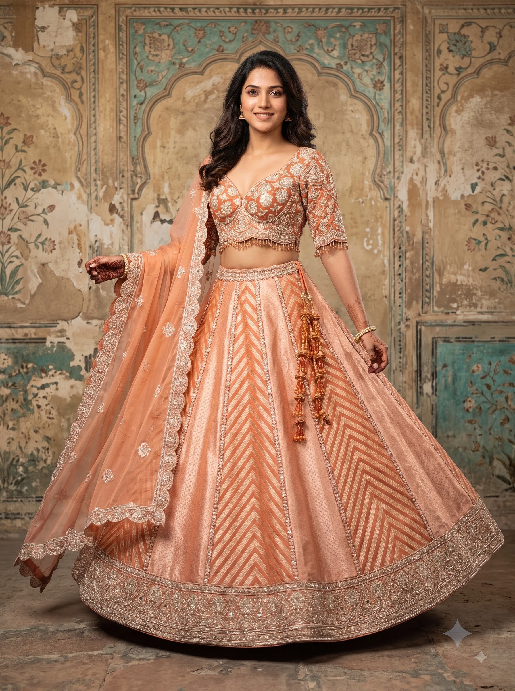 Net Lehenga Set in Orange for Weddings
