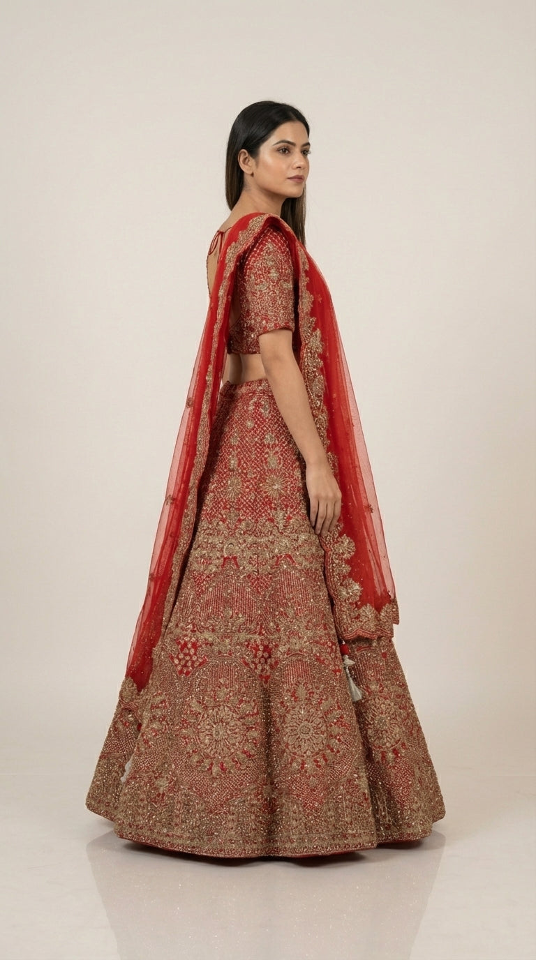 DIVA Red Bridal Lehenga Choli with Net Dupatta | Heavy Gold Zari & Sequin Embroidery | Wedding & Festive Occasion Wear