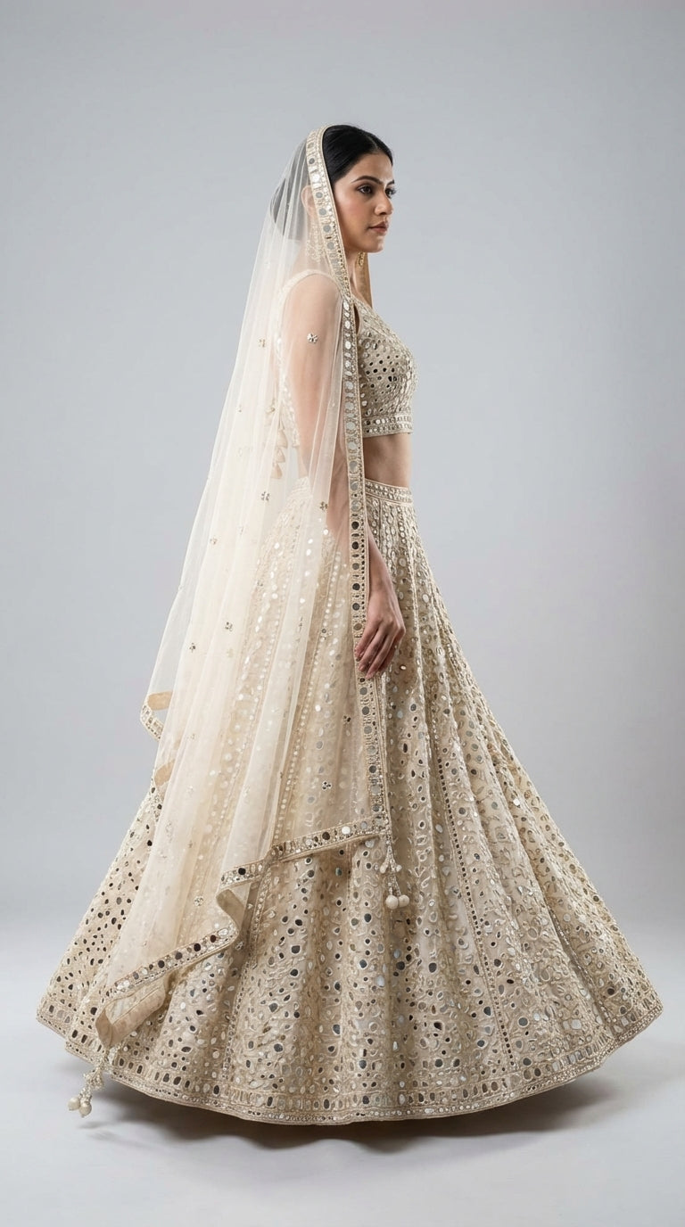 DIVA Ivory Cream All-Over Mirror Work Lehenga Choli with Net Dupatta | Bridal & Festive Occasion Wear for Women