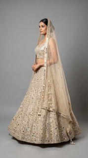 DIVA Ivory Cream All-Over Mirror Work Lehenga Choli with Net Dupatta | Bridal & Festive Occasion Wear for Women