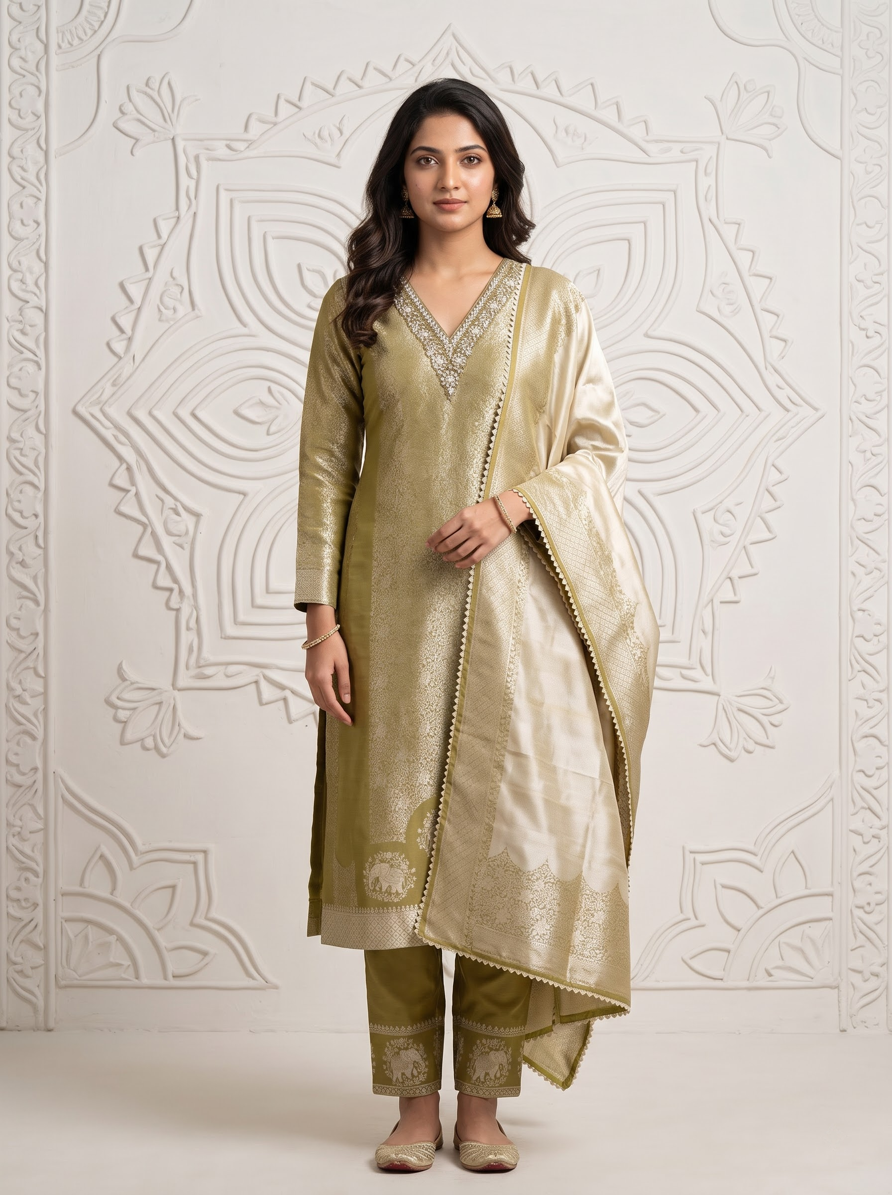 Olive Gold Brocade Silk Straight Cut Salwar Suit with Dupatta