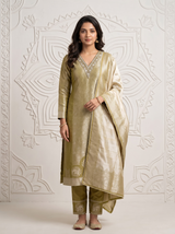 Olive Gold Brocade Silk Straight Cut Salwar Suit with Dupatta