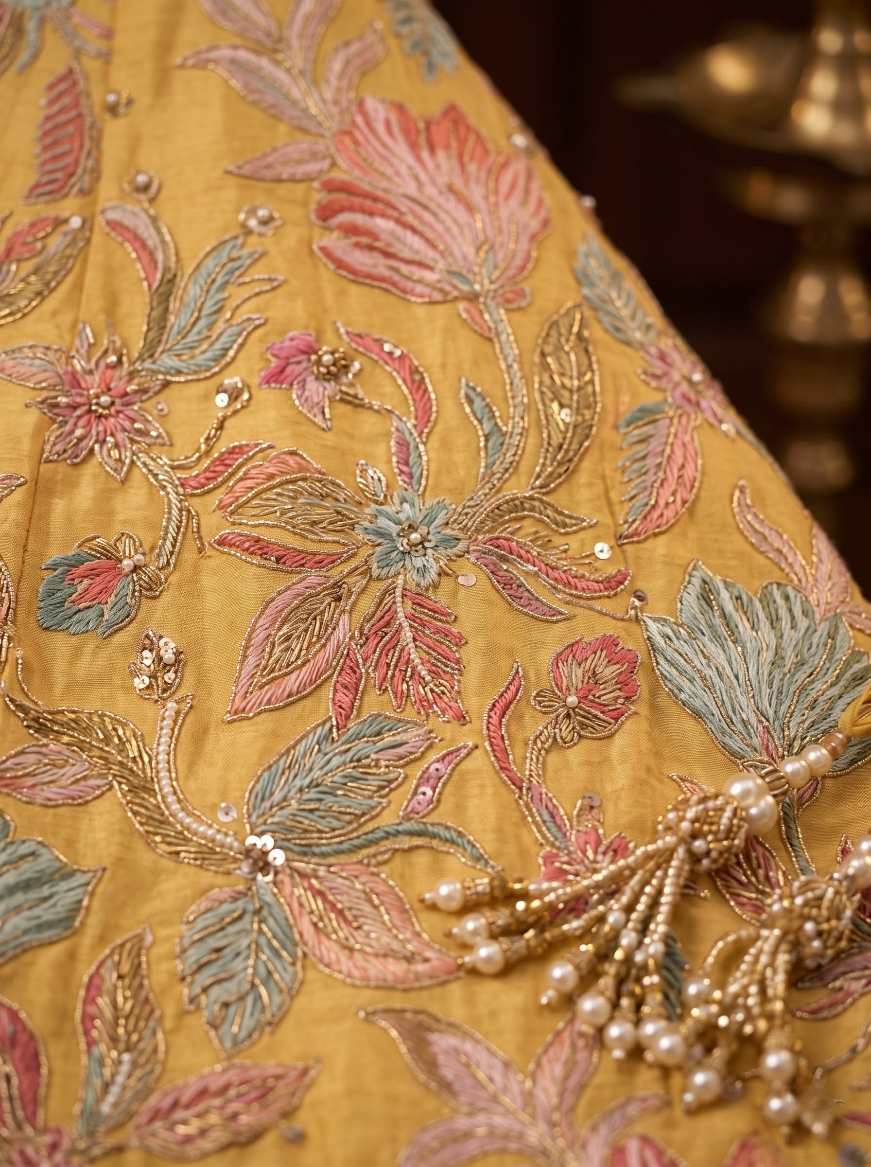 Mustard Raw Silk Bridal Lehenga with Floral Zari Embroidery