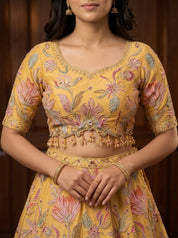 Mustard Raw Silk Bridal Lehenga with Floral Zari Embroidery