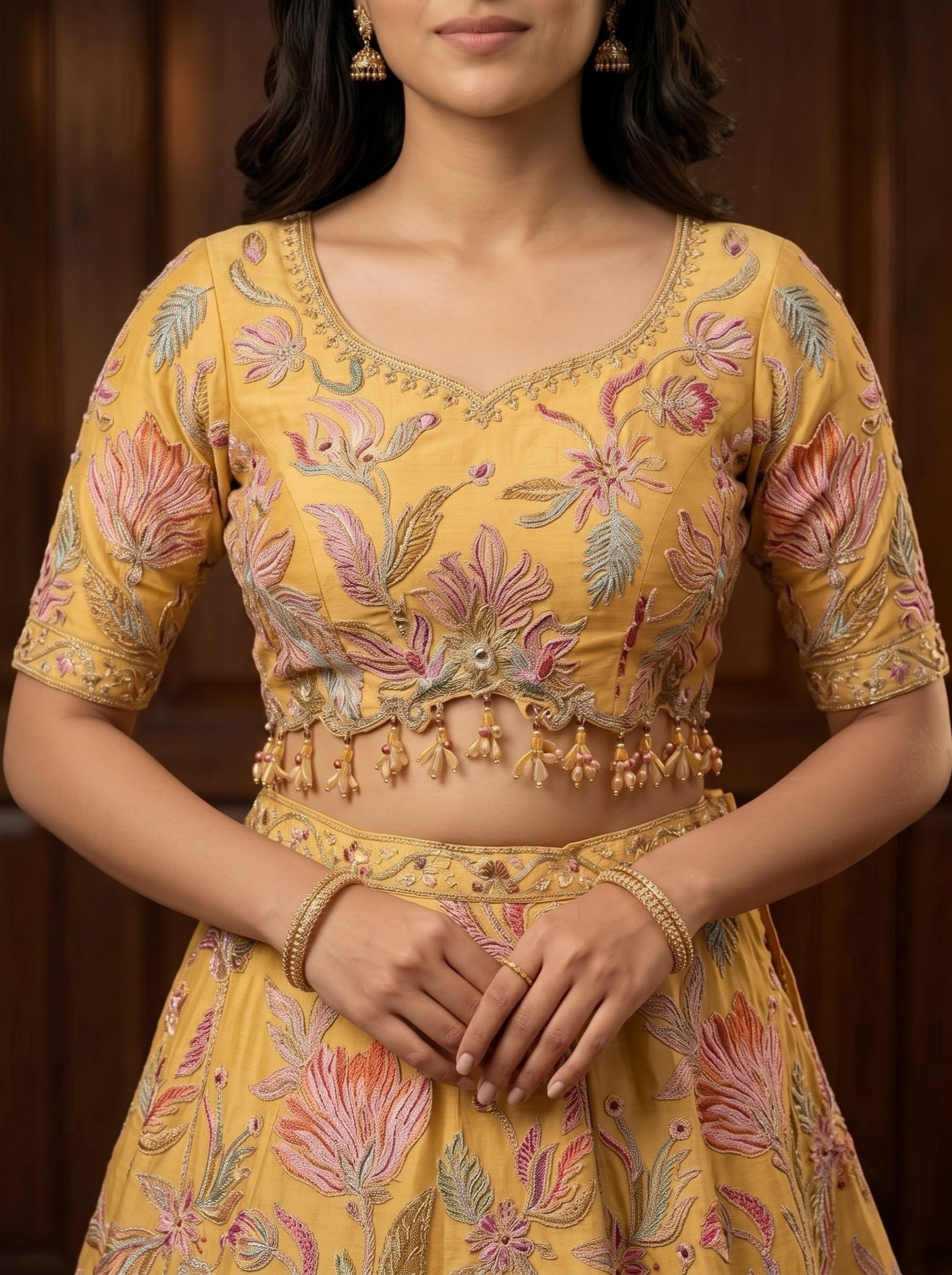 Mustard Raw Silk Bridal Lehenga with Floral Zari Embroidery