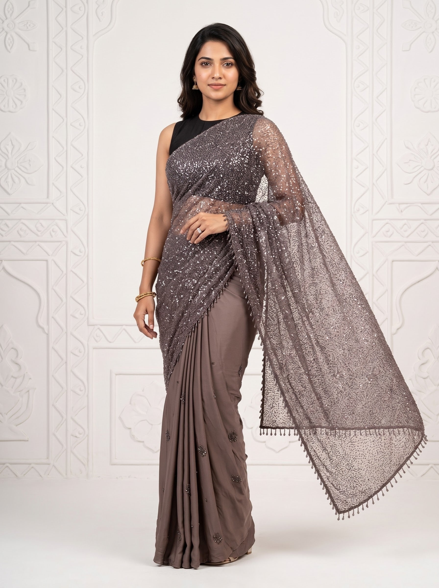 Grey Beaded Net Saree with Soft Crepe Pallu, Sequin Work