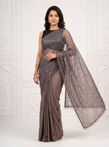 Grey Beaded Net Saree with Soft Crepe Pallu, Sequin Work