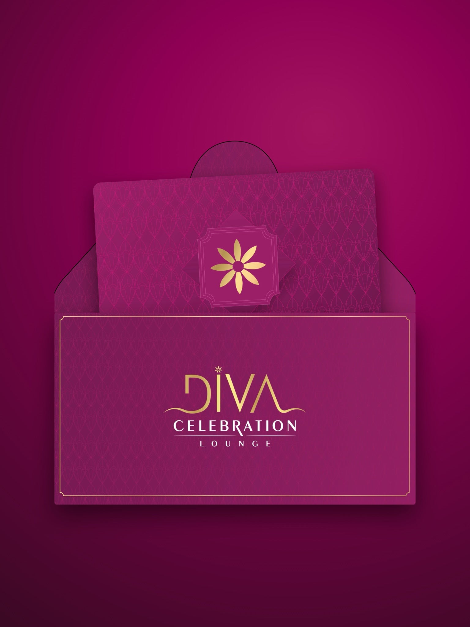 Diva Celebration Lounge gift card rising out of its plum and gold envelope