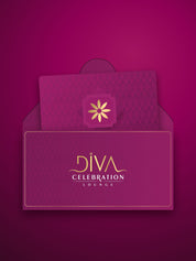 Diva Celebration Lounge gift card rising out of its plum and gold envelope