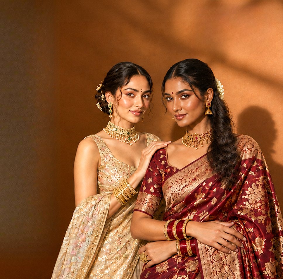 Two women in a silk saree and an embroidered saree from Diva Celebration Lounge