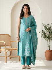 Teal Banarasi Silk Jacquard Straight Kurta Set with Woven Dupatta