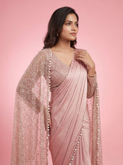 Blush Pink Pure Satin Saree with Sequin Scattered Net Pallu