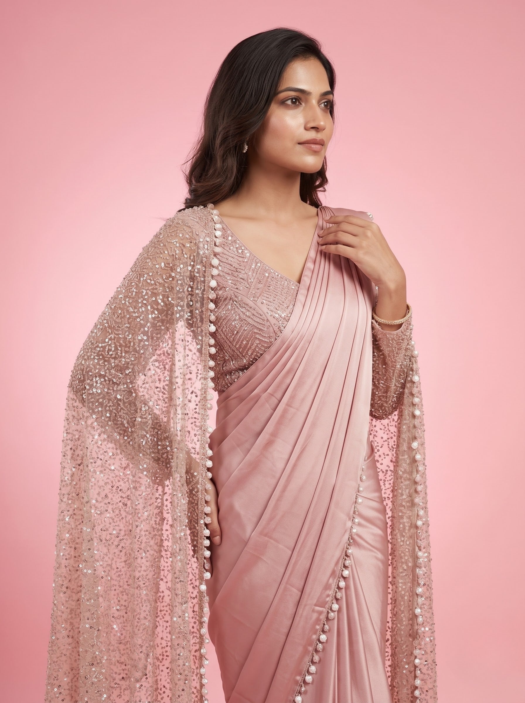 Blush Pink Pure Satin Saree with Sequin Scattered Net Pallu
