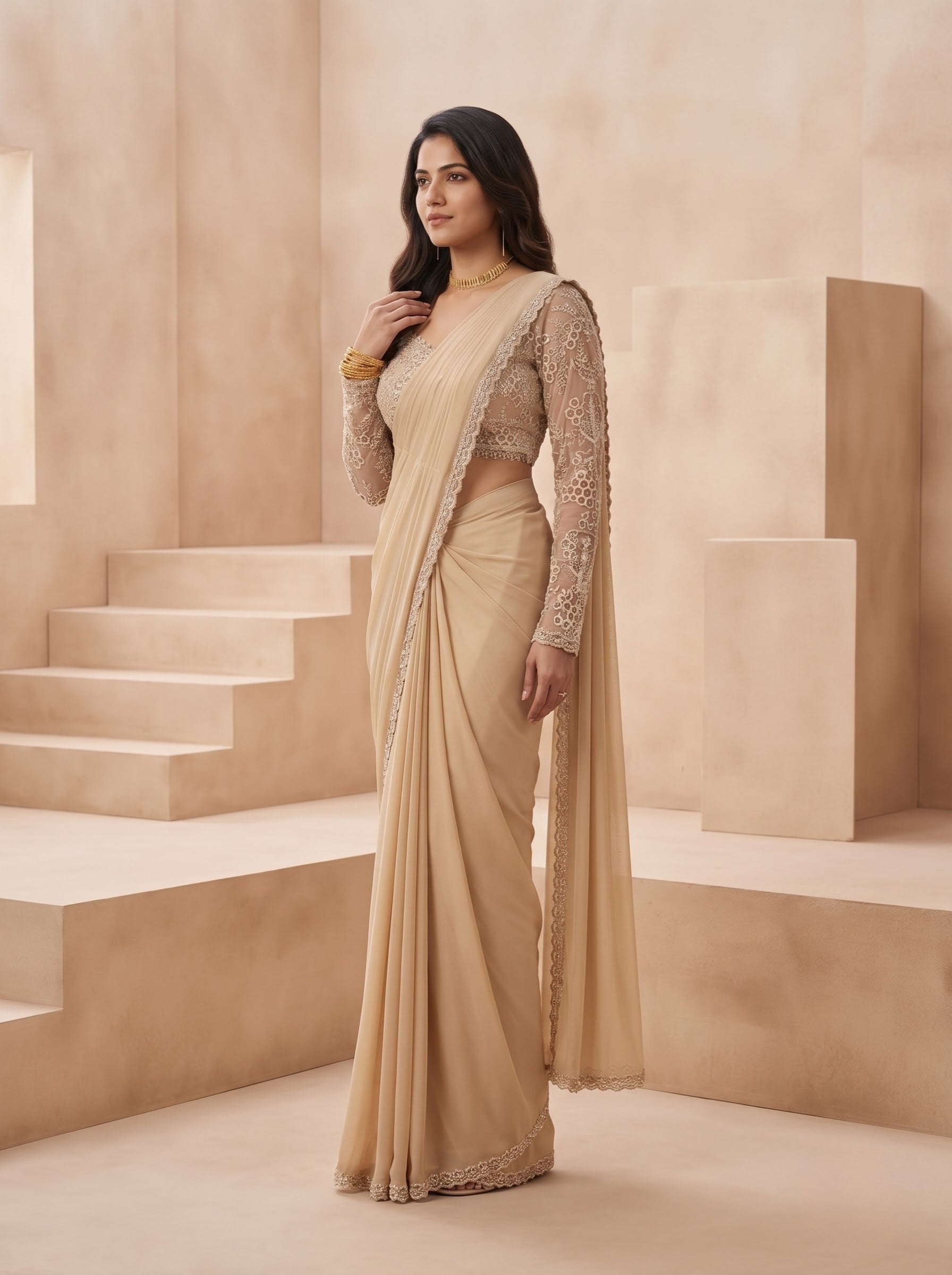 Beige Soft Crepe Saree with French Lace Blouse