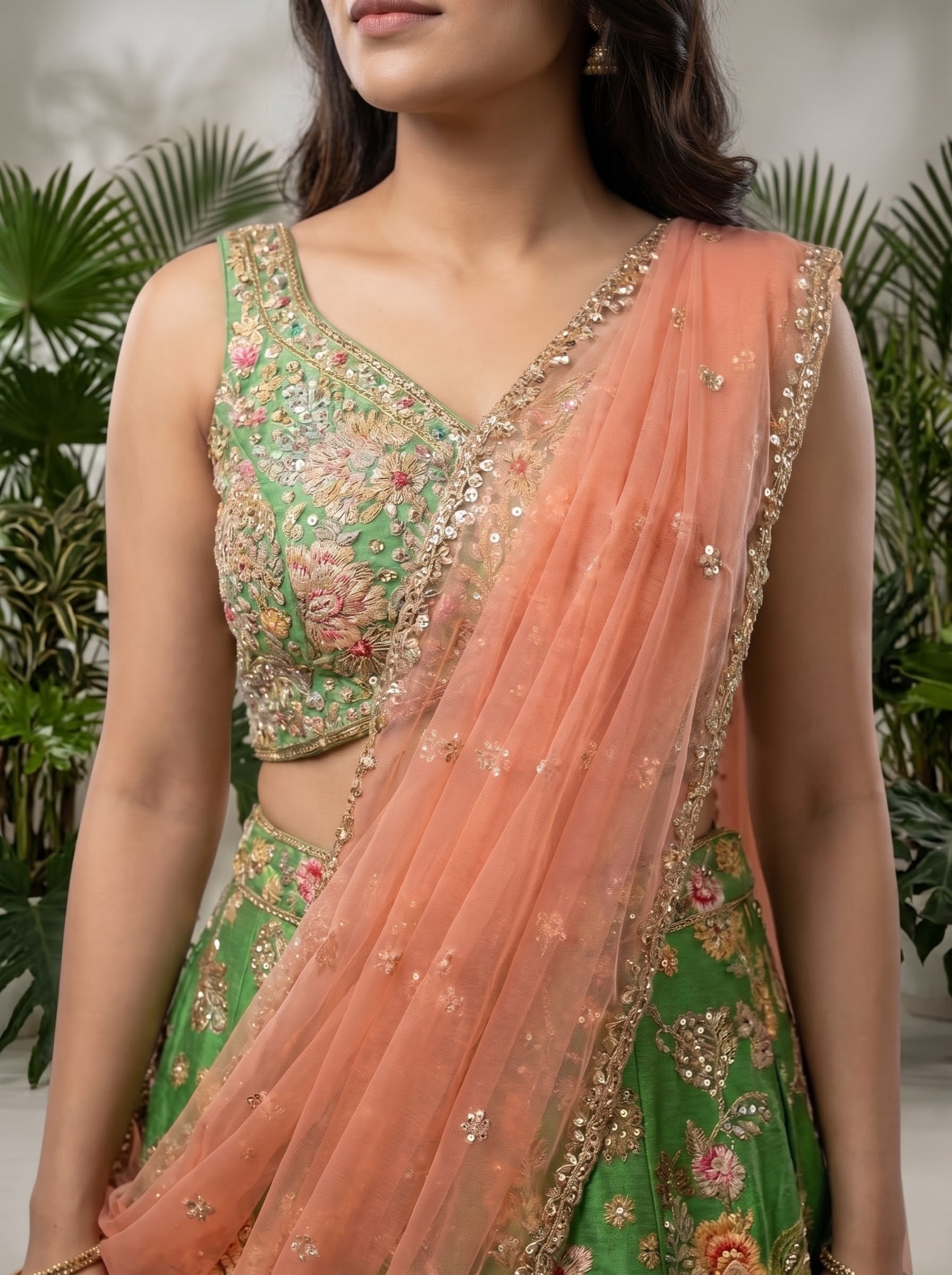 Green Raw Silk Lehenga with Mirror Work & Peach Net Dupatta