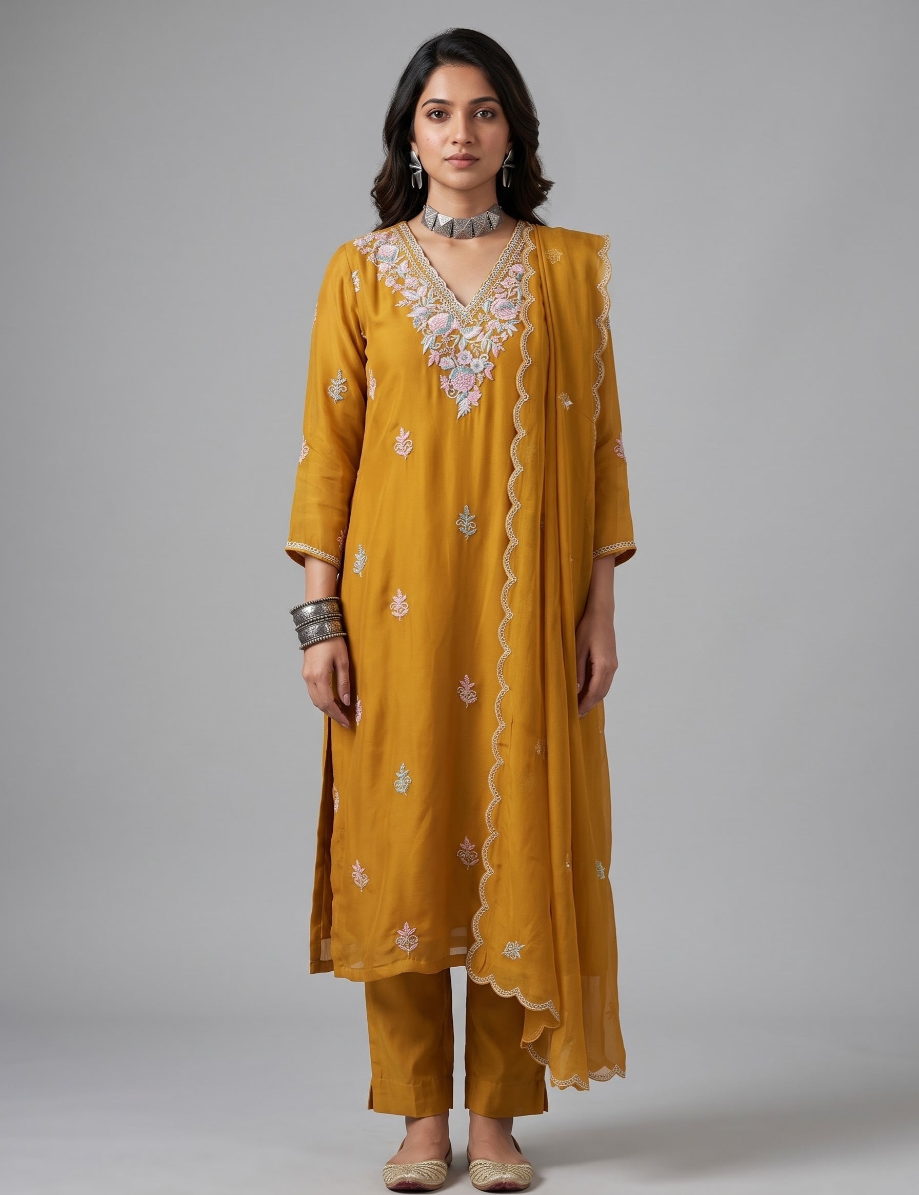 Mustard Chiffon Straight Suit with Floral Thread Embroidery