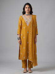 Mustard Chiffon Straight Suit with Floral Thread Embroidery