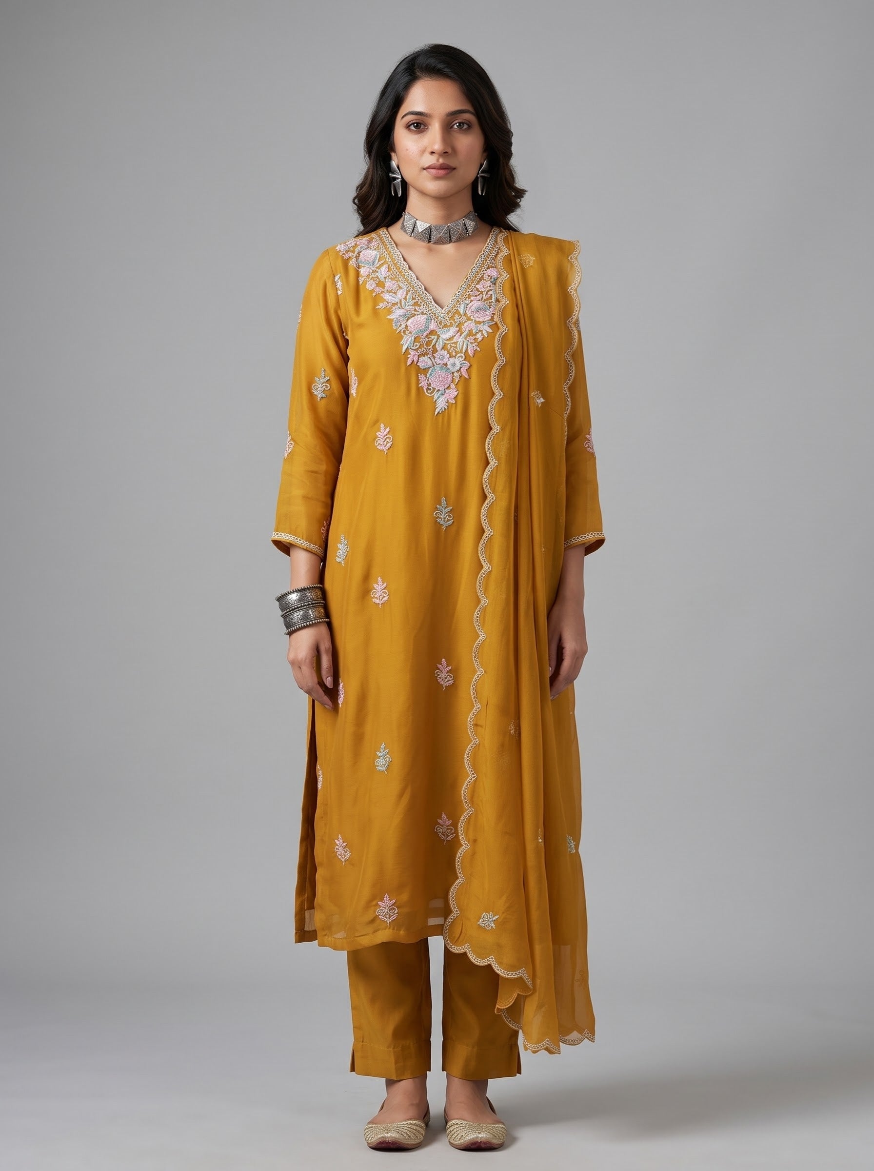 Mustard Chiffon Straight Suit with Floral Thread Embroidery
