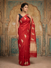 Red Raw Silk Saree with Gold Zari Bird Motifs & Temple Border