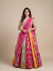 Multicolour Zari-Mirror Embellished Raw Silk Lehenga with Net Dupatta