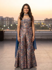 Navy Blue Brocade Banarasi Silk Indo-Western Palazzo Suit with Mirror & Kathana Work