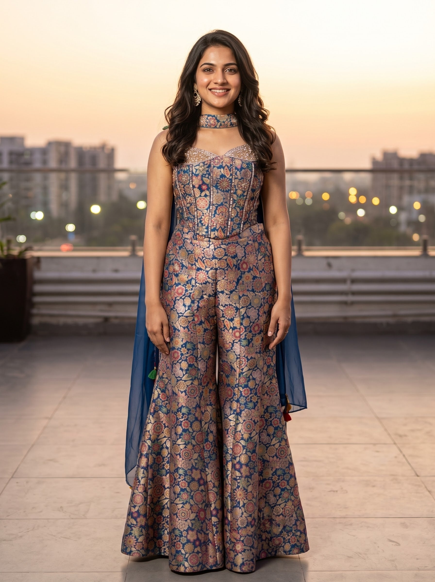 Navy Blue Brocade Banarasi Silk Indo-Western Palazzo Suit with Mirror & Kathana Work