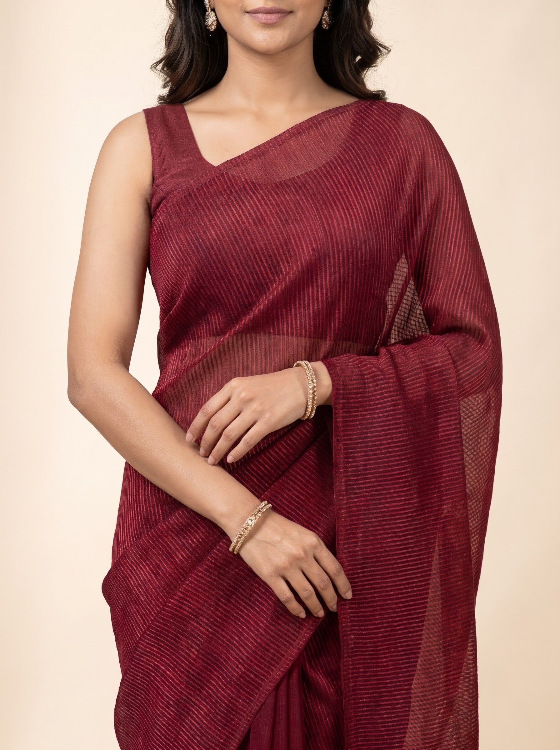 Maroon Semi-Crush Party Wear Saree with Net Pallu; Festive & Evening Wear