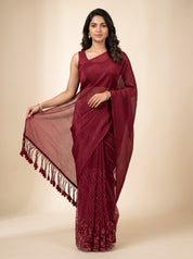 Maroon Semi-Crush Party Wear Saree with Net Pallu; Festive & Evening Wear