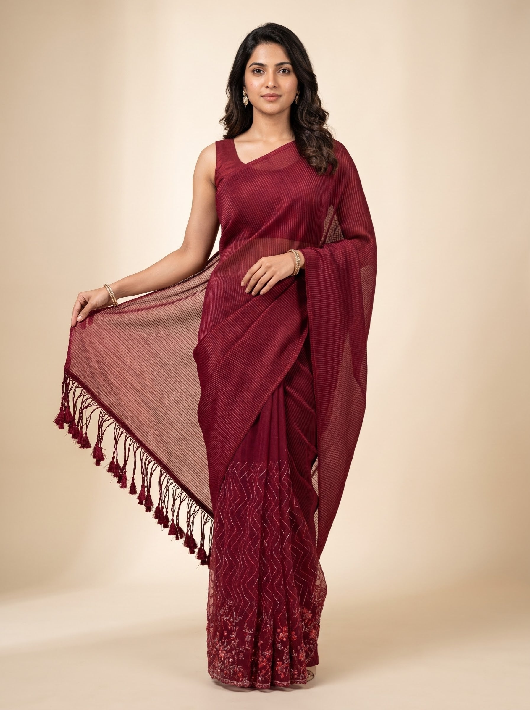 Maroon Semi-Crush Party Wear Saree with Net Pallu; Festive & Evening Wear
