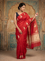 Red Raw Silk Saree with Gold Zari Bird Motifs & Temple Border