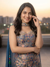 Navy Blue Brocade Banarasi Silk Indo-Western Palazzo Suit with Mirror & Kathana Work