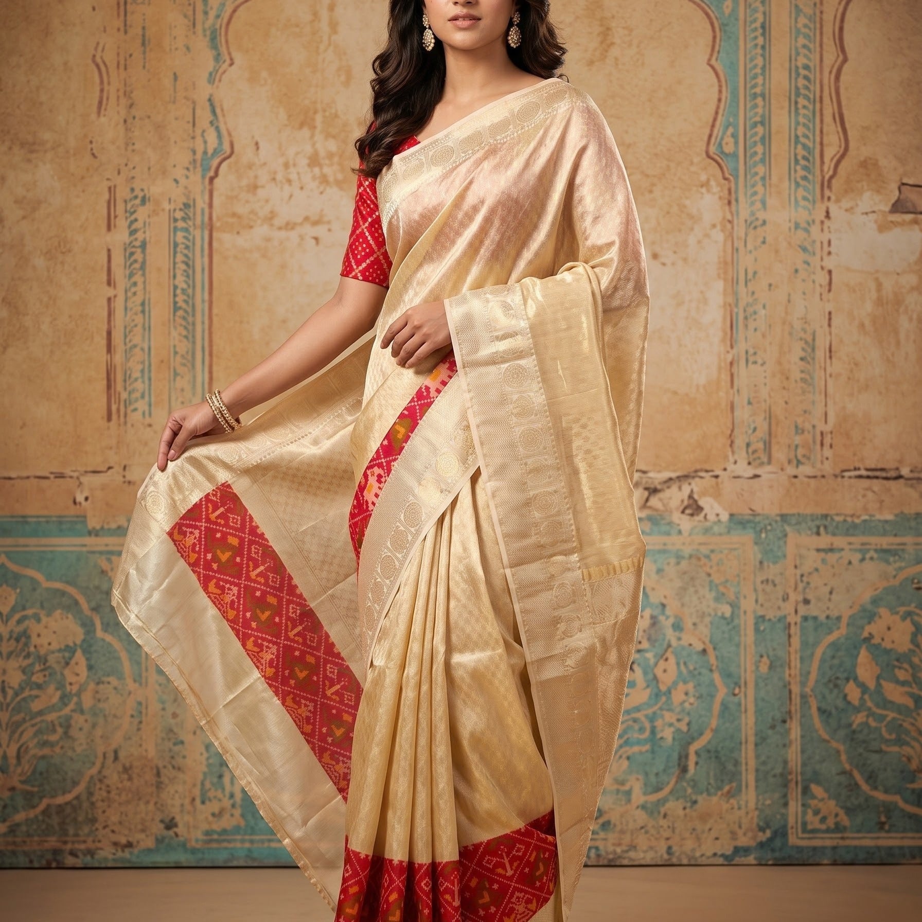 A woman models a cream-colored silk saree with a red border and matching red sleeve, standing against a vintage-style teal and beige patterned backdrop.