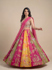 Multicolour Zari-Mirror Embellished Raw Silk Lehenga with Net Dupatta