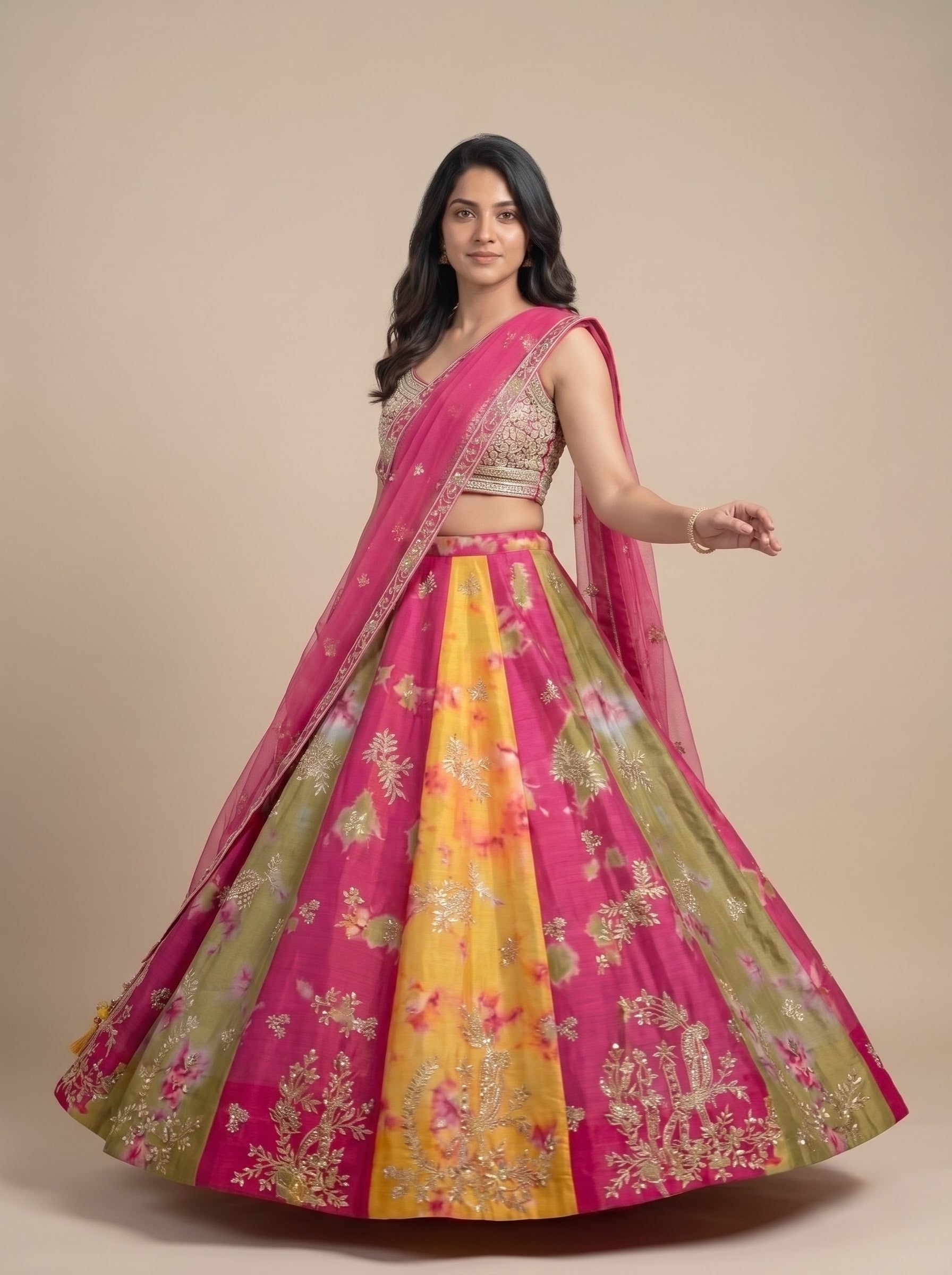 Multicolour Zari-Mirror Embellished Raw Silk Lehenga with Net Dupatta
