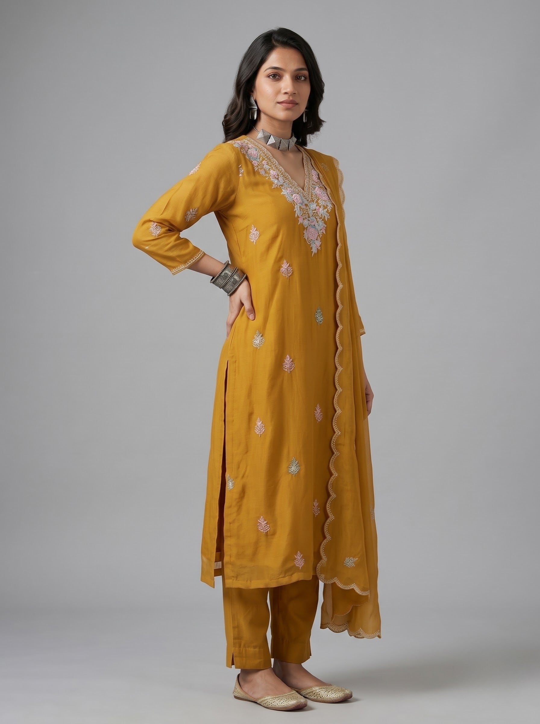 Mustard Chiffon Straight Suit with Floral Thread Embroidery