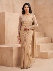 Beige Soft Crepe Saree with French Lace Blouse